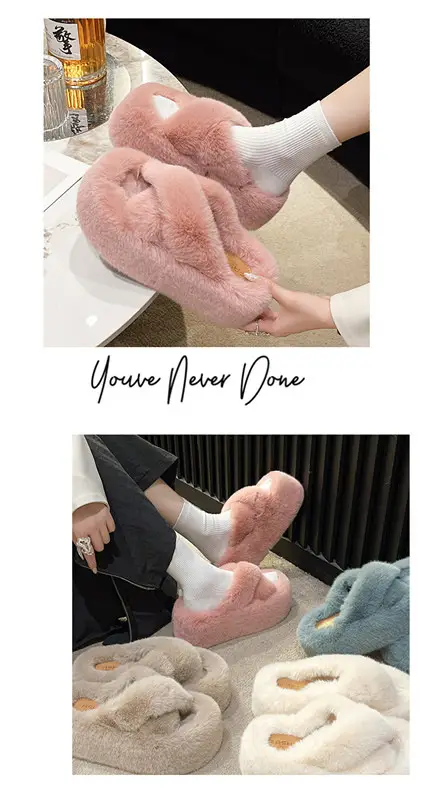2023 Korean Style Fleece-lined Fashion Fluffy Slippers Women's Autumn and Winter New All-match Cross Thick Cotton Slippers Trendy — feature 12