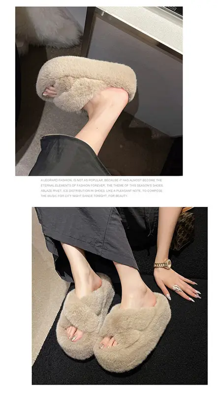 2023 Korean Style Fleece-lined Fashion Fluffy Slippers Women's Autumn and Winter New All-match Cross Thick Cotton Slippers Trendy — feature 13