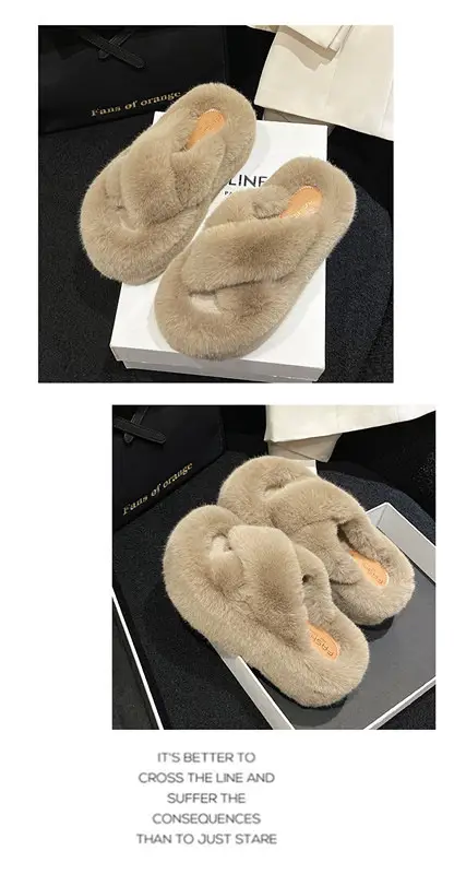 2023 Korean Style Fleece-lined Fashion Fluffy Slippers Women's Autumn and Winter New All-match Cross Thick Cotton Slippers Trendy — feature 18