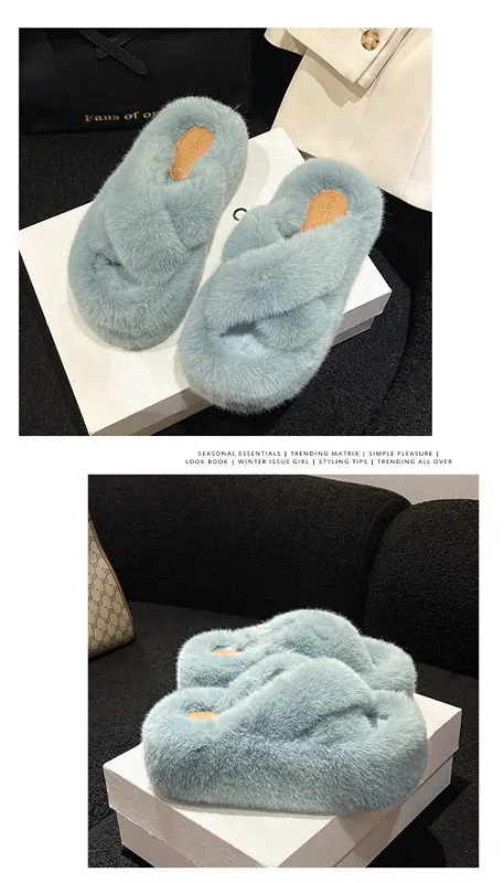 2023 Korean Style Fleece-lined Fashion Fluffy Slippers Women's Autumn and Winter New All-match Cross Thick Cotton Slippers Trendy — feature 19