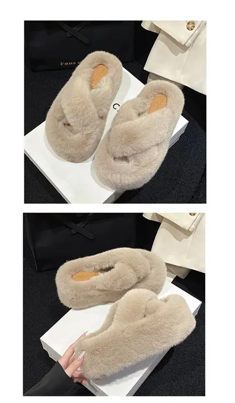 2023 Korean Style Fleece-lined Fashion Fluffy Slippers Women's Autumn and Winter New All-match Cross Thick Cotton Slippers Trendy — feature 20