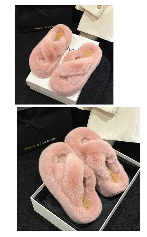 2023 Korean Style Fleece-lined Fashion Fluffy Slippers Women's Autumn and Winter New All-match Cross Thick Cotton Slippers Trendy — feature 21