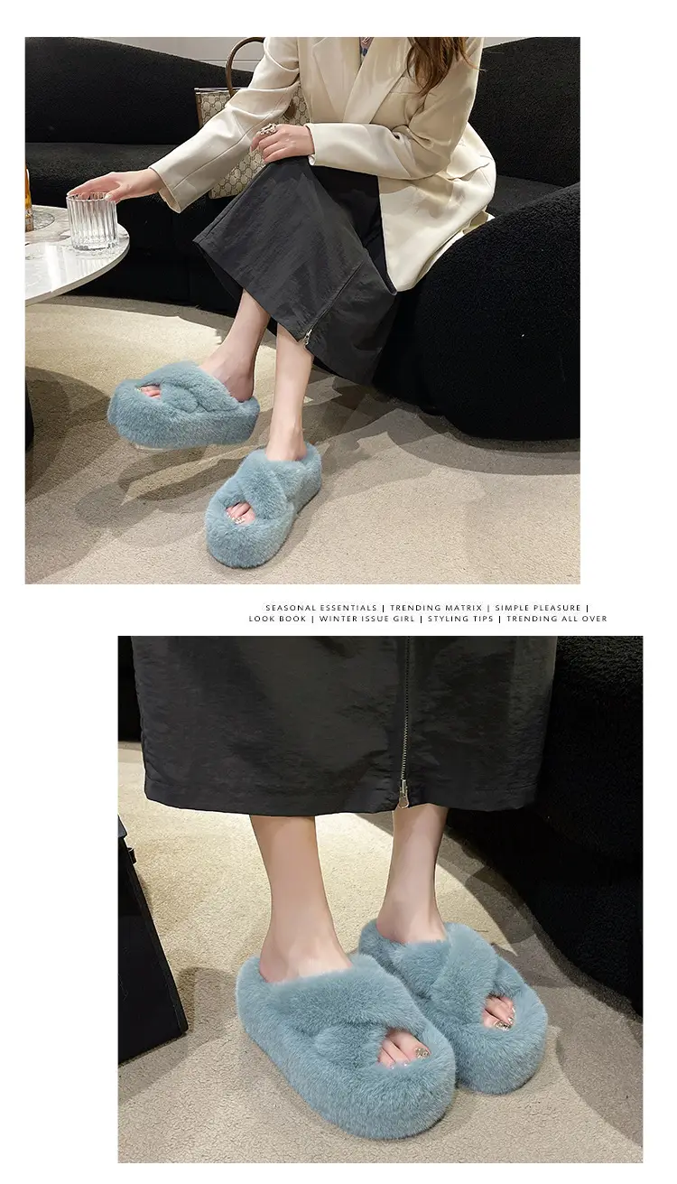 2023 Korean Style Fleece-lined Fashion Fluffy Slippers Women's Autumn and Winter New All-match Cross Thick Cotton Slippers Trendy — feature 4