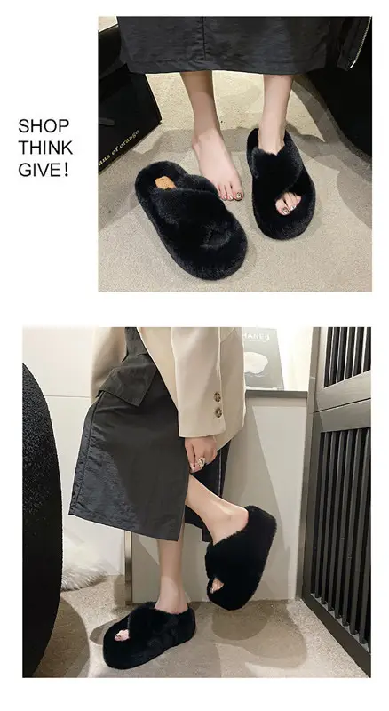 2023 Korean Style Fleece-lined Fashion Fluffy Slippers Women's Autumn and Winter New All-match Cross Thick Cotton Slippers Trendy — feature 6