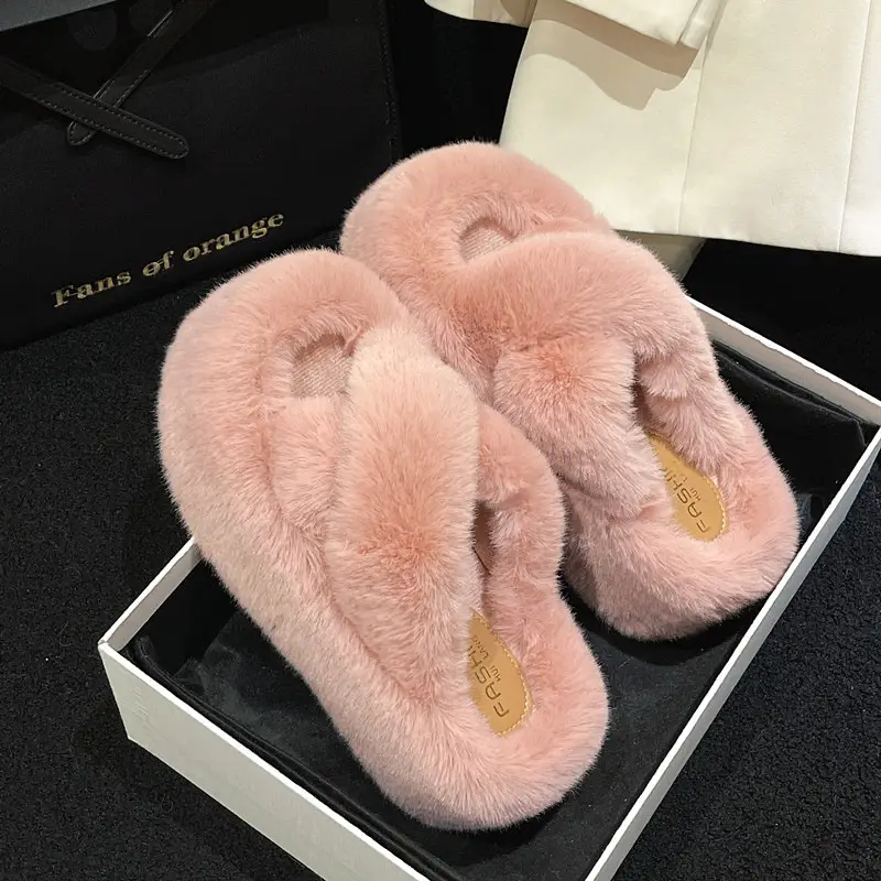 2023 Korean Style Fleece-lined Fashion Fluffy Slippers Women's Autumn and Winter New All-match Cross Thick Cotton Slippers Trendy