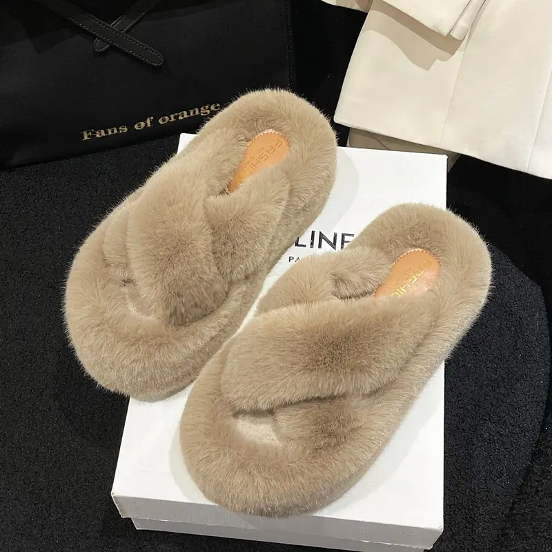2023 Korean Style Fleece-lined Fashion Fluffy Slippers Women's Autumn and Winter New All-match Cross Thick Cotton Slippers Trendy