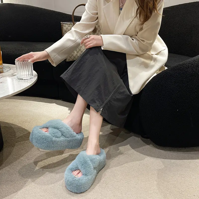 2023 Korean Style Fleece-lined Fashion Fluffy Slippers Women's Autumn and Winter New All-match Cross Thick Cotton Slippers Trendy