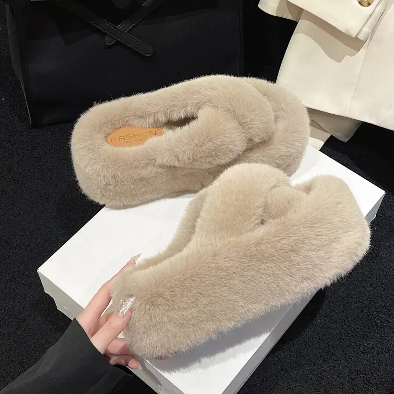 2023 Korean Style Fleece-lined Fashion Fluffy Slippers Women's Autumn and Winter New All-match Cross Thick Cotton Slippers Trendy