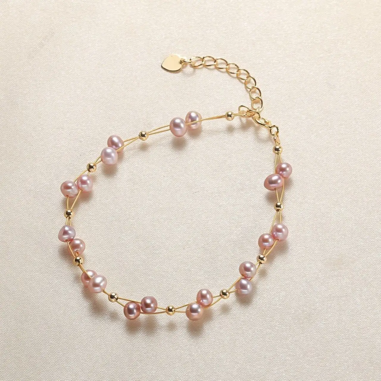 Natural Freshwater Pink Pearl Bracelet Adjustable Gold Silk - Image 3