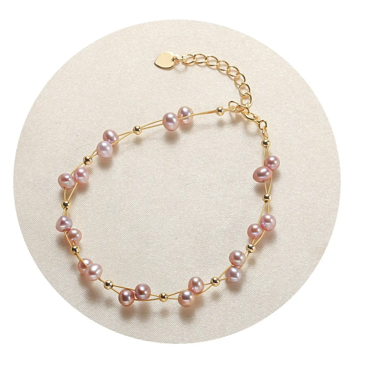 Natural Freshwater Pink Pearl Bracelet Adjustable Gold Silk - Image 4