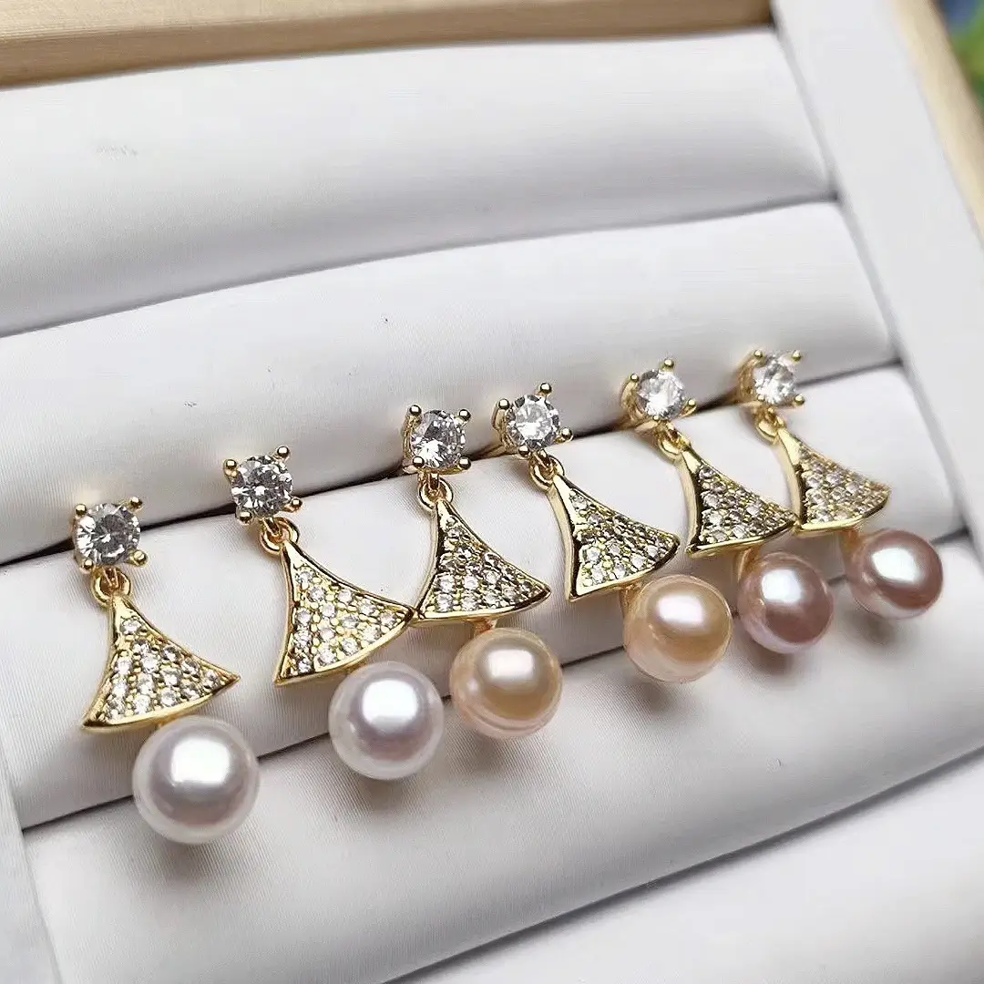 Natural Pearl Earrings S925 Silver Needle Triangle Fan-shaped Hanging Beads Earrings for Women