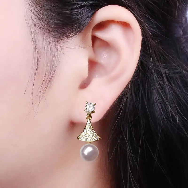 Natural Pearl Earrings S925 Silver Needle Triangle Fan-shaped Hanging Beads Earrings for Women