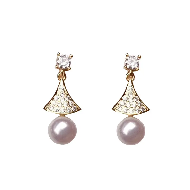 Natural Pearl Earrings S925 Silver Needle Triangle Fan-shaped Hanging Beads Earrings for Women