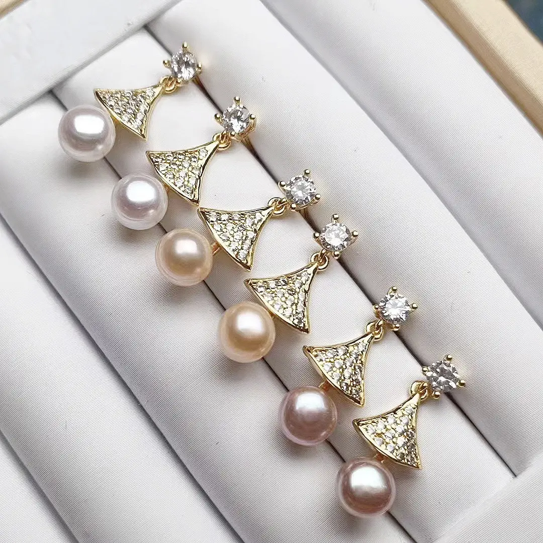 Natural Pearl Earrings S925 Silver Needle Triangle Fan-shaped Hanging Beads Earrings for Women — feature 8