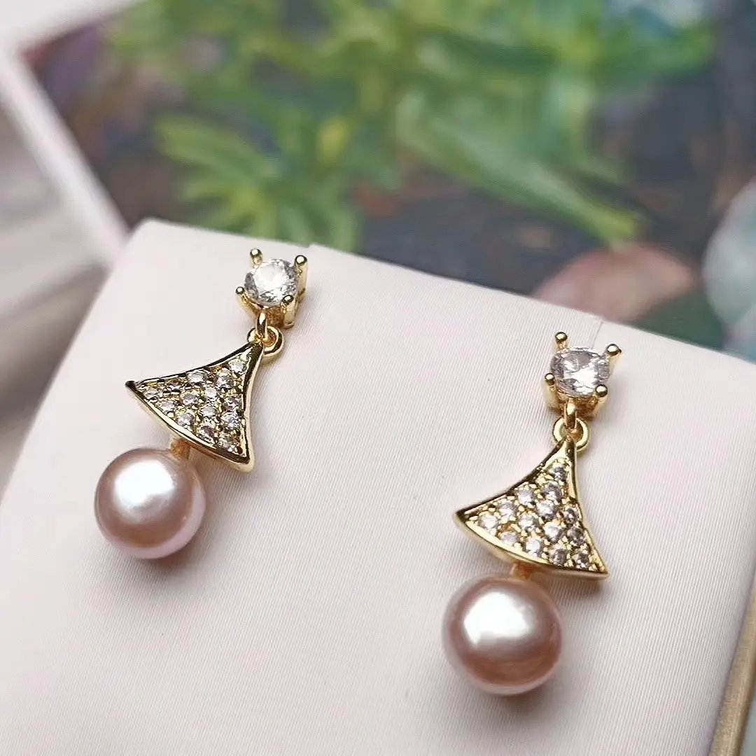 Natural Pearl Earrings S925 Silver Needle Triangle Fan-shaped Hanging Beads Earrings for Women