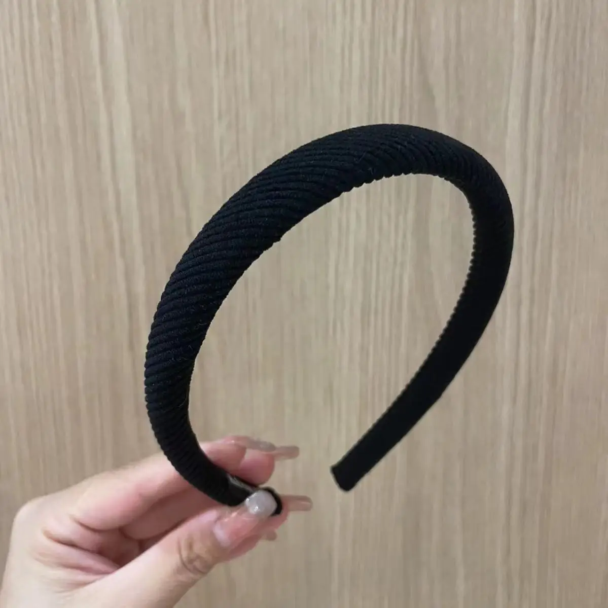 Black Twill Hairband with Pearl Button for Women