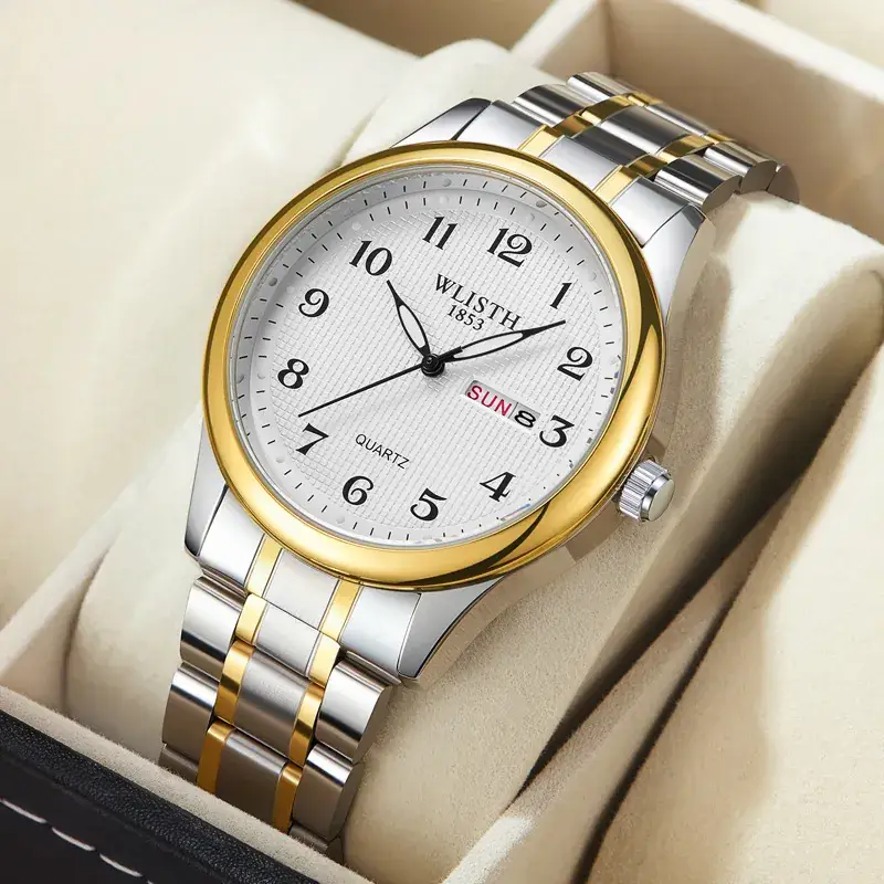 Men's Double Calendar Waterproof Quartz Watch with Gold & Silver Band