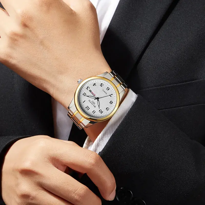 Men's Double Calendar Waterproof Quartz Watch with Gold & Silver Band