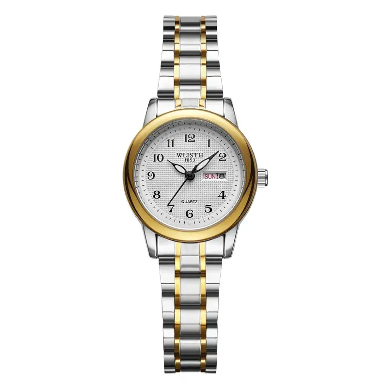 Men's Double Calendar Waterproof Quartz Watch with Gold & Silver Band