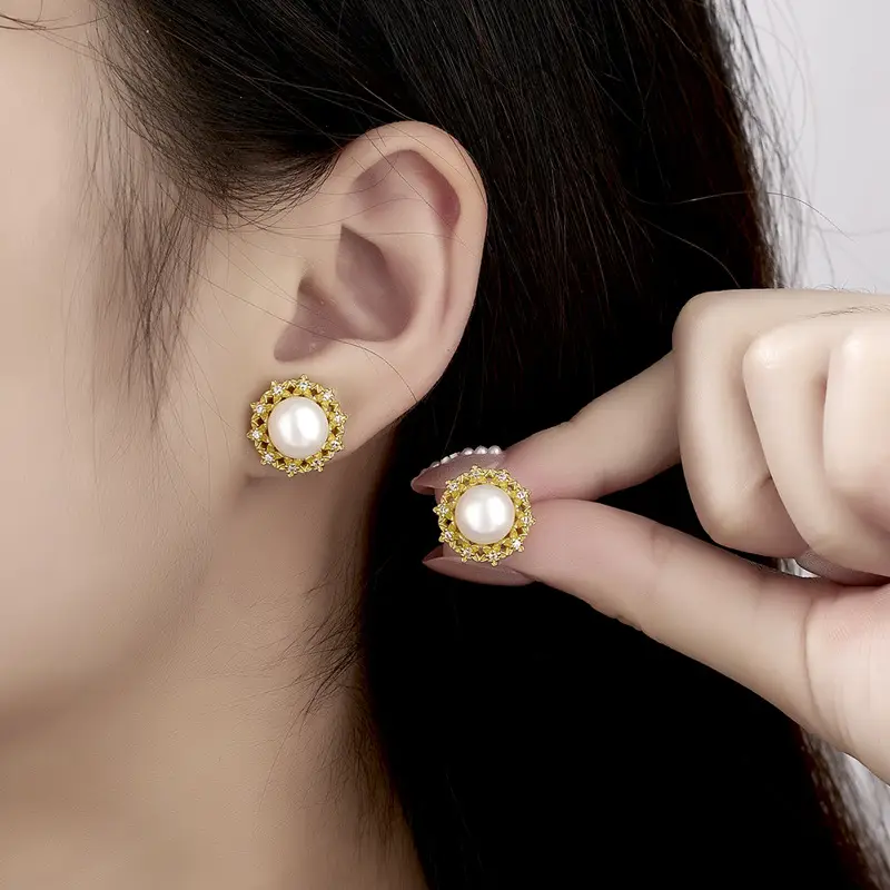 Natural Pearl Zircon Flower Earrings for Women - Image 4