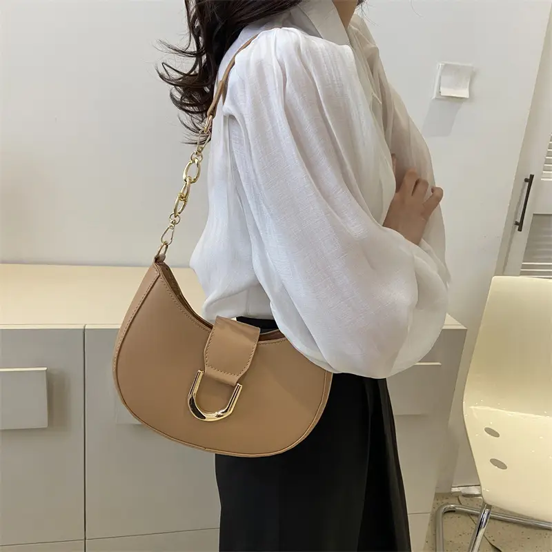 Women's Pink Semi-Circular Shoulder Bag with Gold Clasp - Image 8