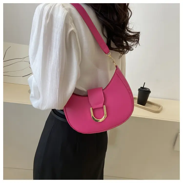 Women's Pink Semi-Circular Shoulder Bag with Gold Clasp — feature 15