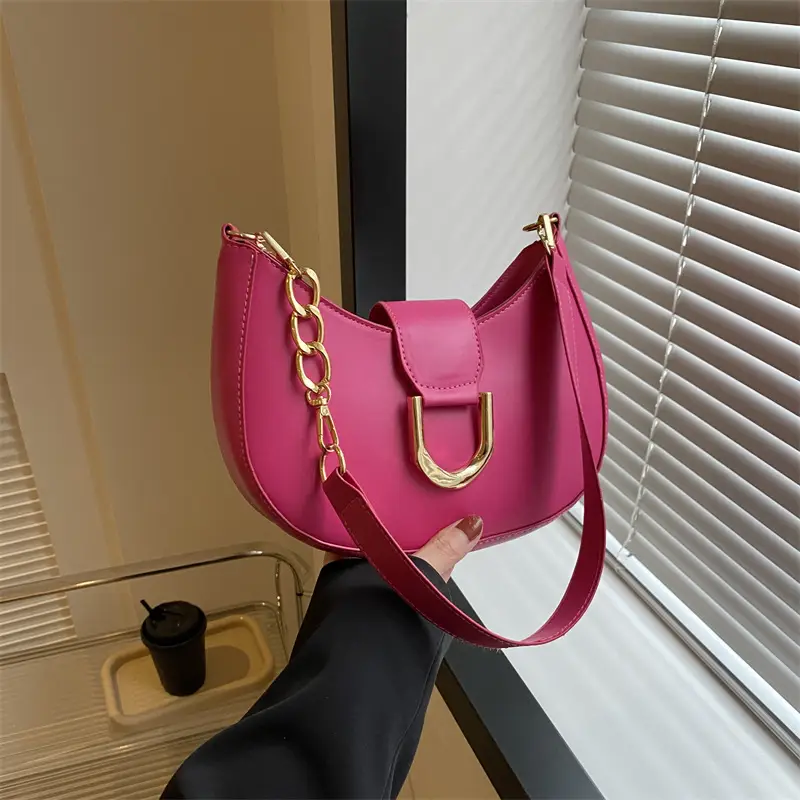 Women's Pink Semi-Circular Shoulder Bag with Gold Clasp - Image 3