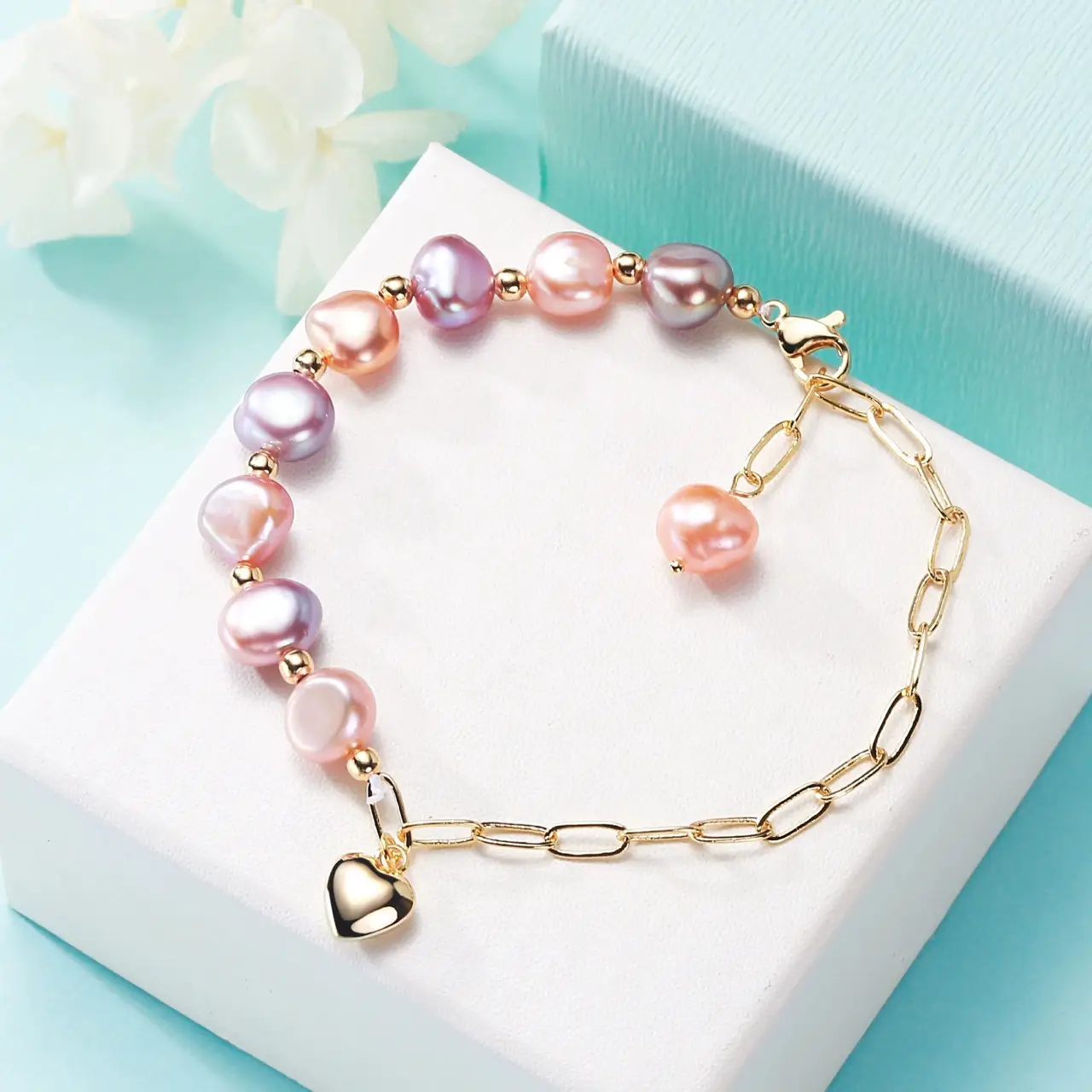 Women's Adjustable Pearl Bracelet with Love Shape Clasp - Image 4