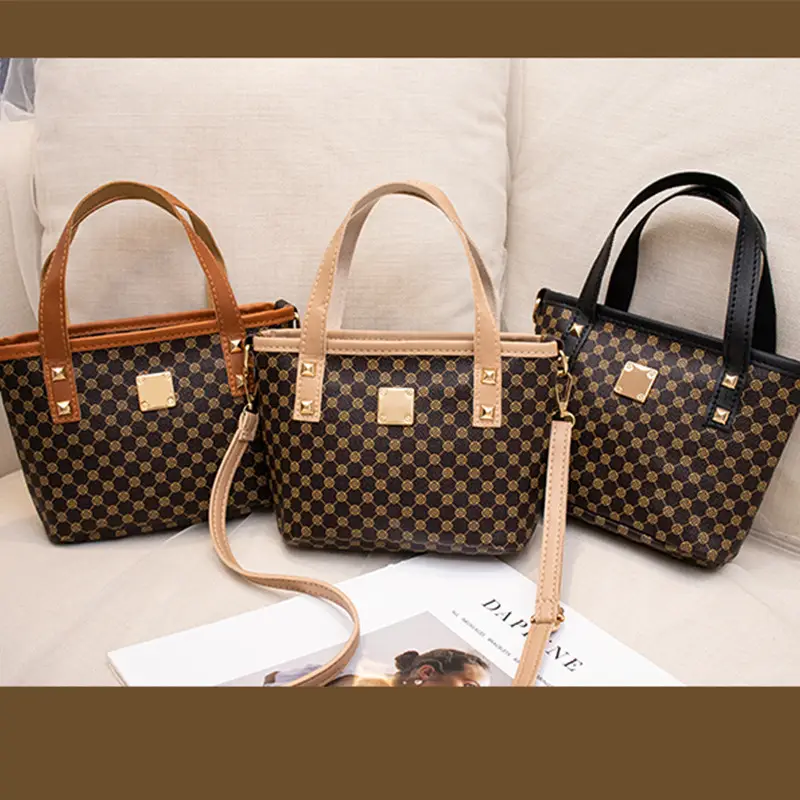 2023 Trendy Women's Checked Bag Set Brown Leather Handle