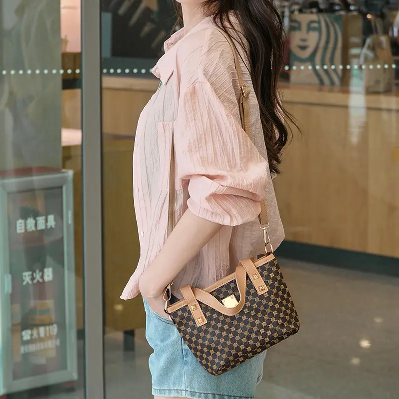 2023 Trendy Women's Checked Bag Set Brown Leather Handle
