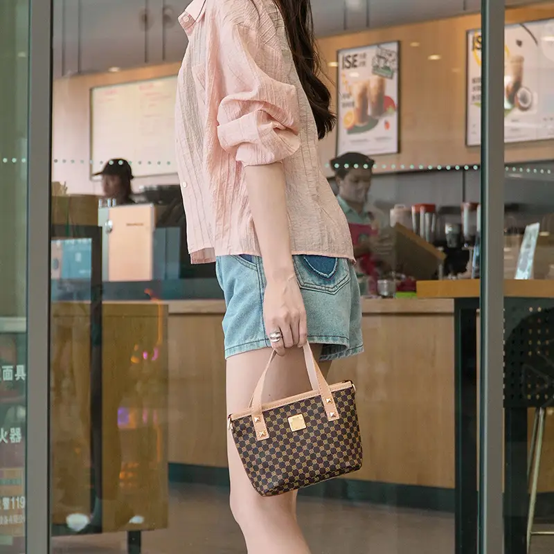 2023 Trendy Women's Checked Bag Set Brown Leather Handle