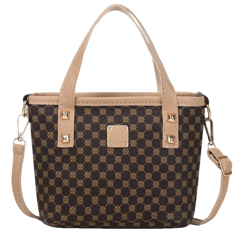 2023 Trendy Women's Checked Bag Set Brown Leather Handle