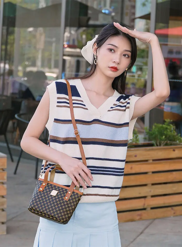 2023 Trendy Women's Checked Bag Set Brown Leather Handle — feature 13