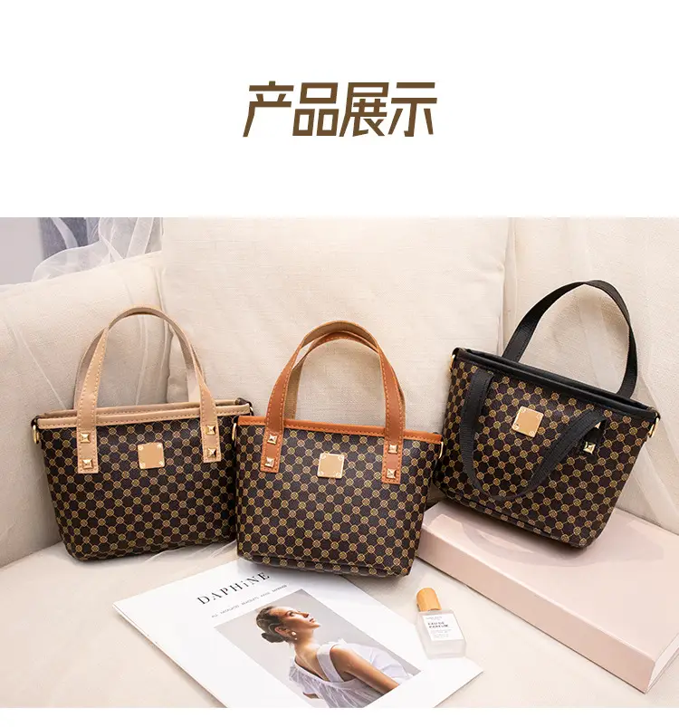 2023 Trendy Women's Checked Bag Set Brown Leather Handle — feature 15
