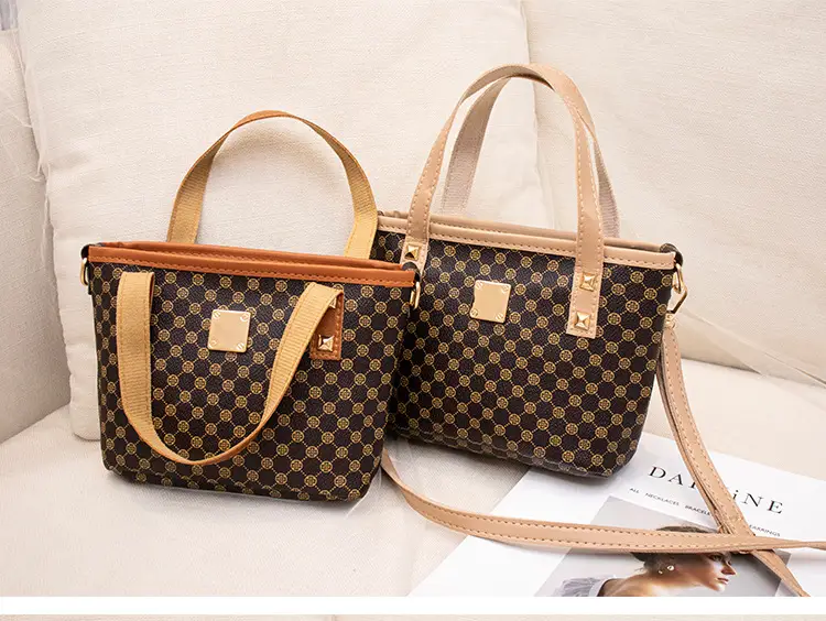 2023 Trendy Women's Checked Bag Set Brown Leather Handle — feature 16