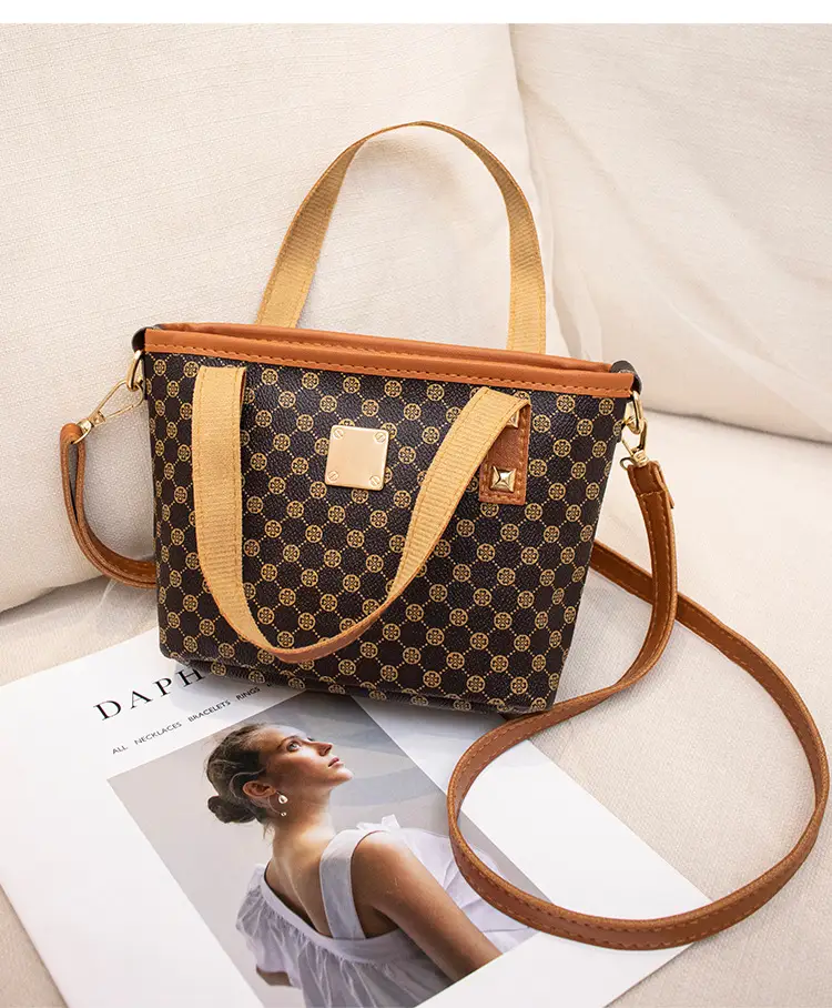 2023 Trendy Women's Checked Bag Set Brown Leather Handle — feature 25