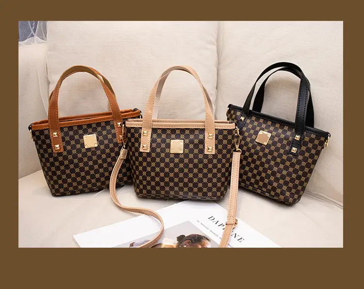 2023 Trendy Women's Checked Bag Set Brown Leather Handle — feature 3