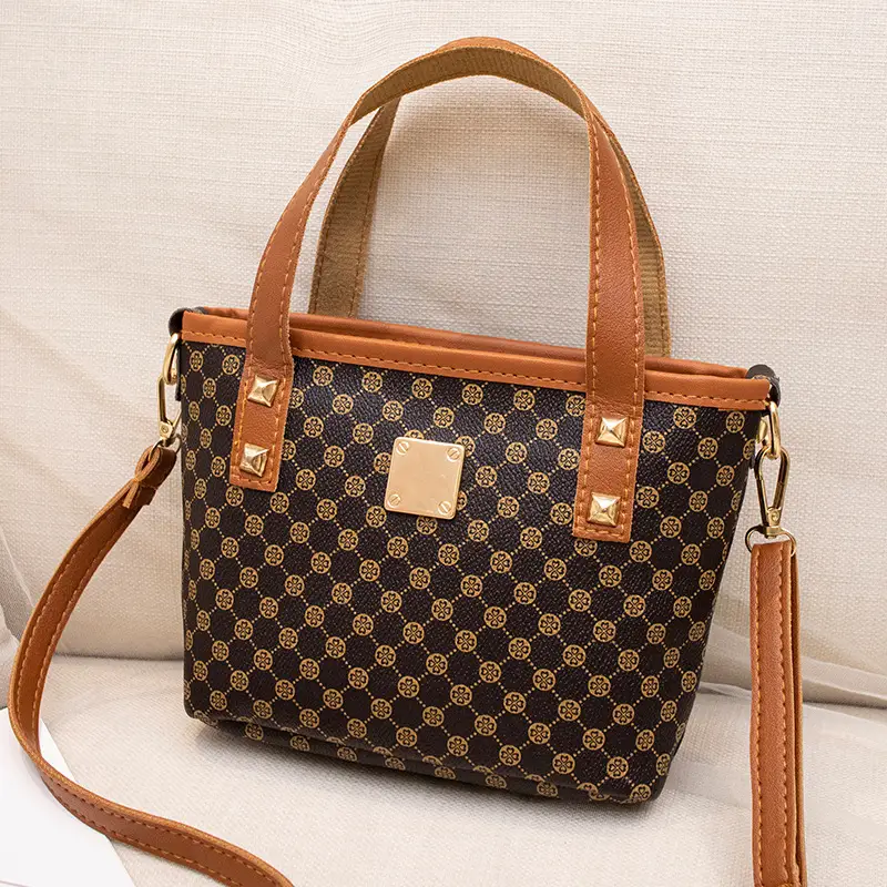 2023 Trendy Women's Checked Bag Set Brown Leather Handle