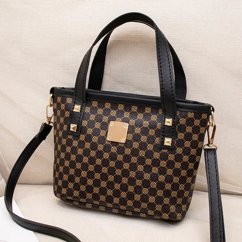 2023 Trendy Women's Checked Bag Set Brown Leather Handle