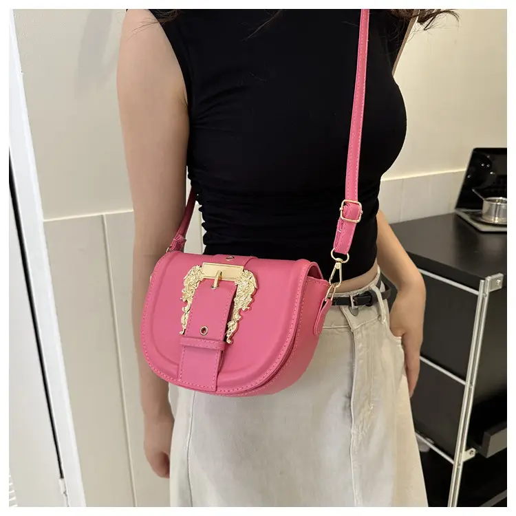 Pink Leather Shoulder Crossbody Bag with Gold Clasp — feature 8