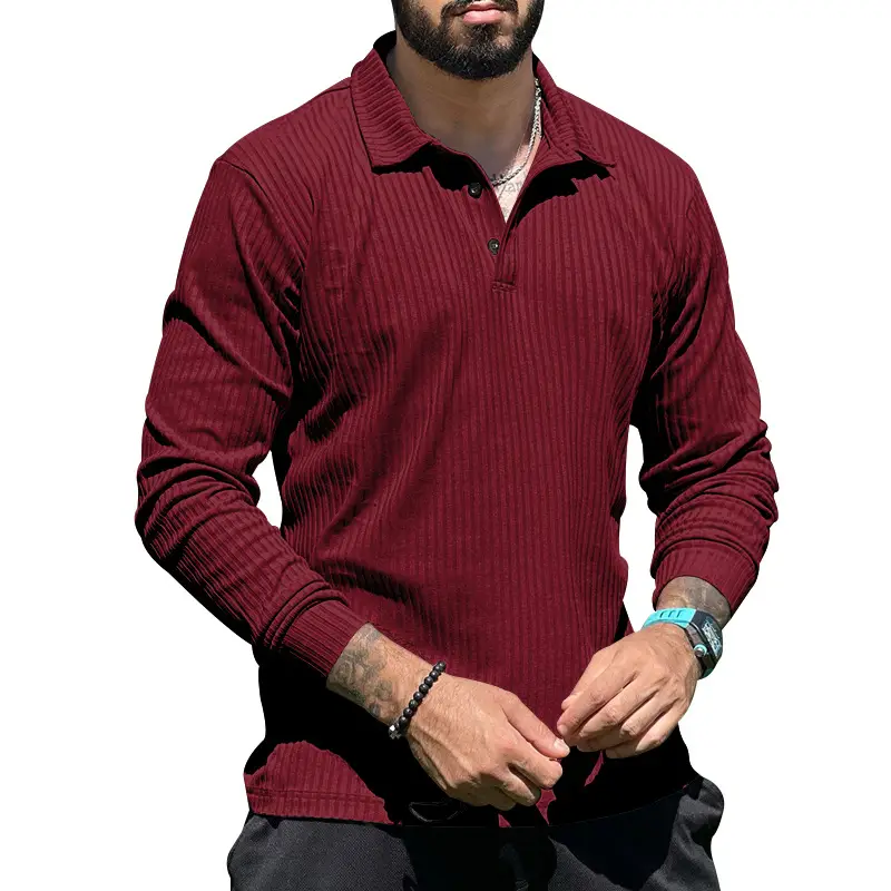 Men's Maroon Long Sleeve Polo Shirt with Anti-Strip Design - Image 12