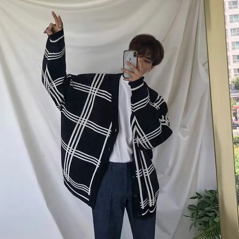 Men's Beige Black Plaid Knit Cardigan Jacket - Image 5