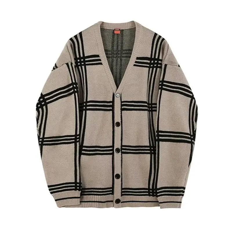 Men's Beige Black Plaid Knit Cardigan Jacket - Image 8
