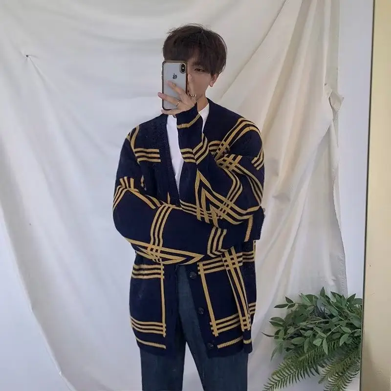 Men's Beige Black Plaid Knit Cardigan Jacket - Image 3