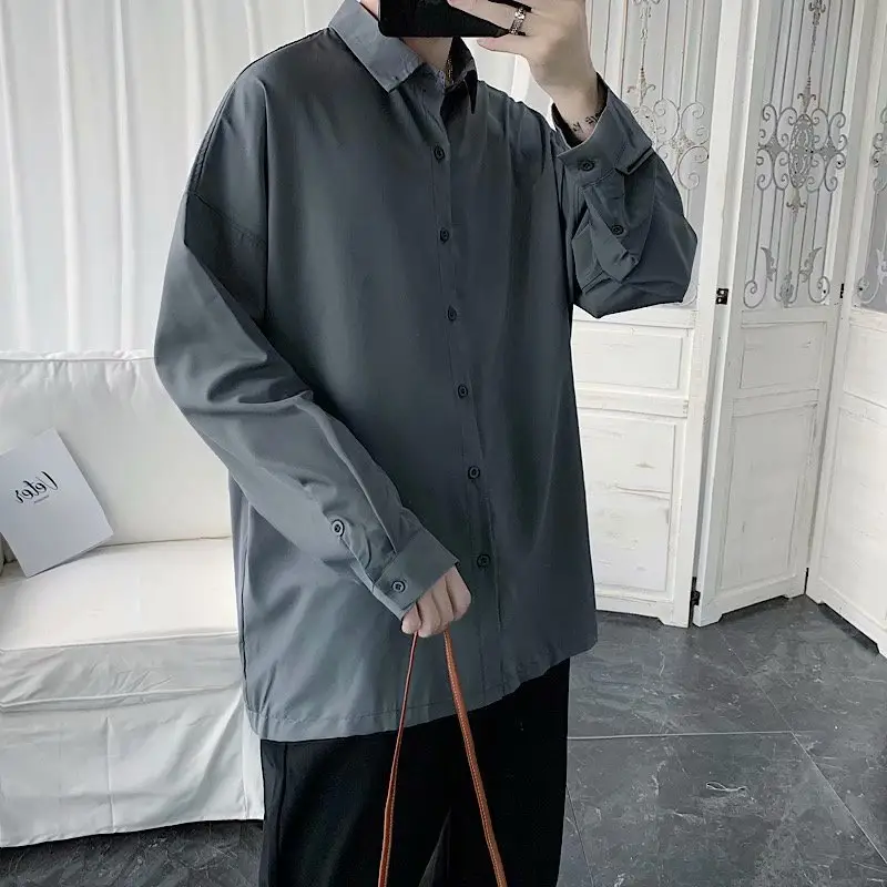 Black Long Sleeve Men's Shirt Korean Style Lazy Wear