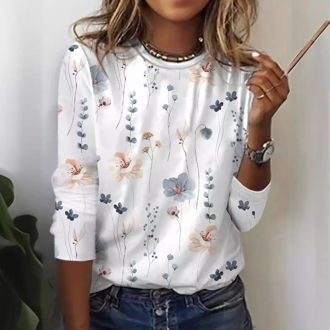 Light Blue Floral Long Sleeve T-Shirt for Women