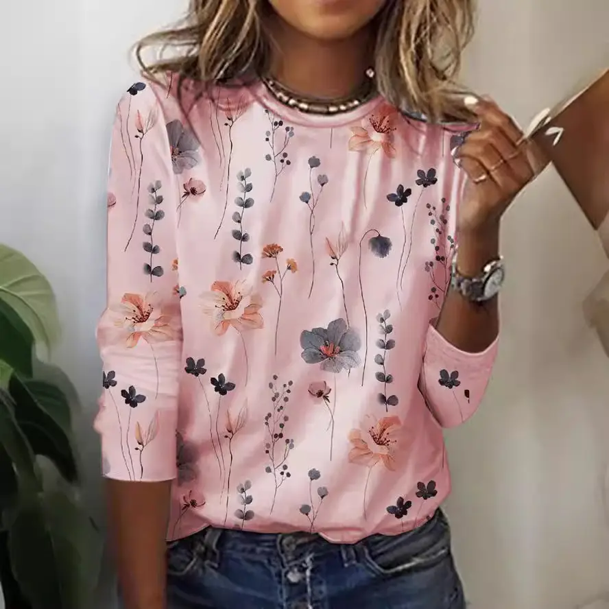 Light Blue Floral Long Sleeve T-Shirt for Women