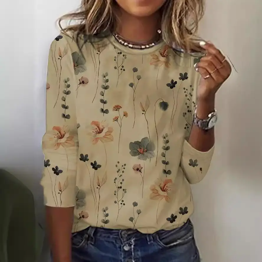 Light Blue Floral Long Sleeve T-Shirt for Women