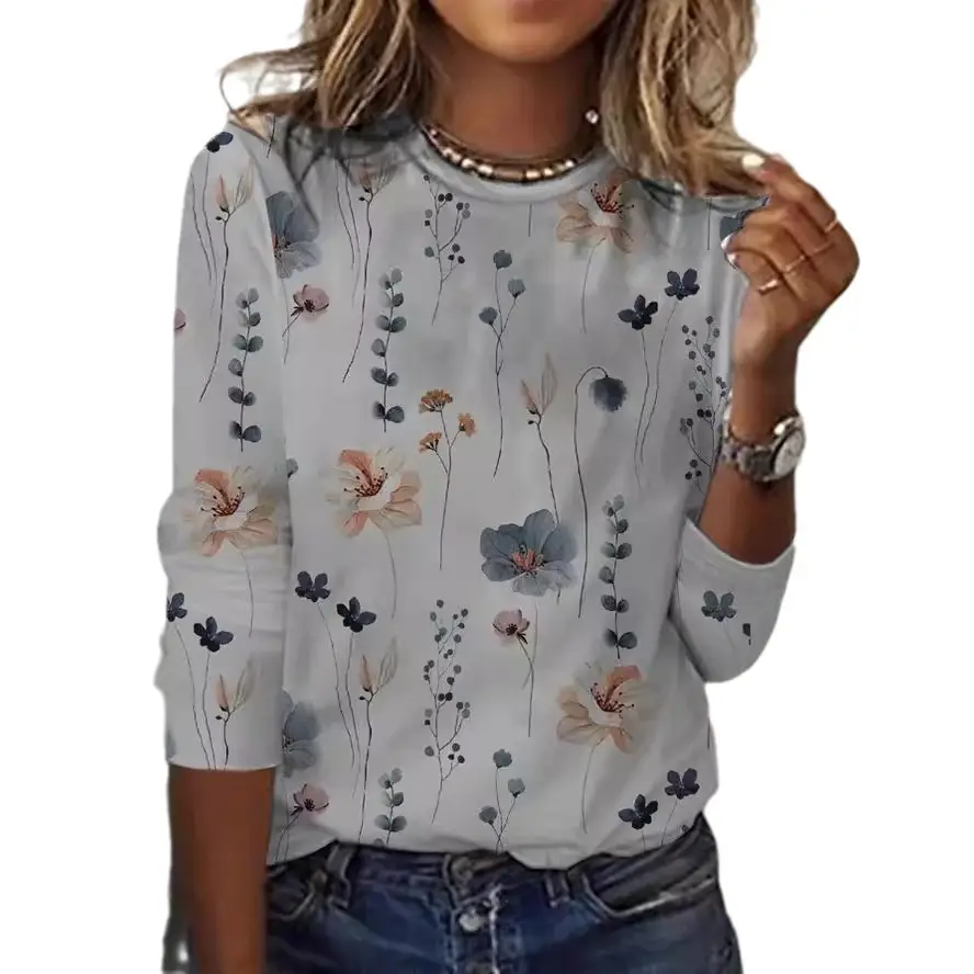Light Blue Floral Long Sleeve T-Shirt for Women
