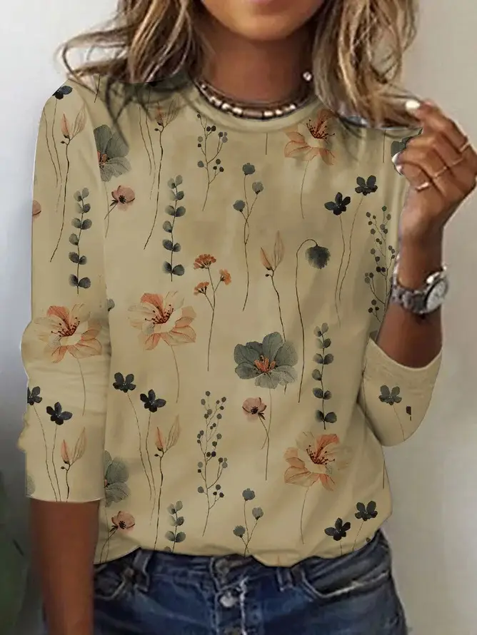 Light Blue Floral Long Sleeve T-Shirt for Women